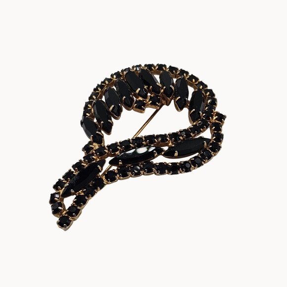 Gold Tone Black Navette Brooch Prong Set Rhinestone Unsigned Swirl Pin Fashion - Picture 13 of 14